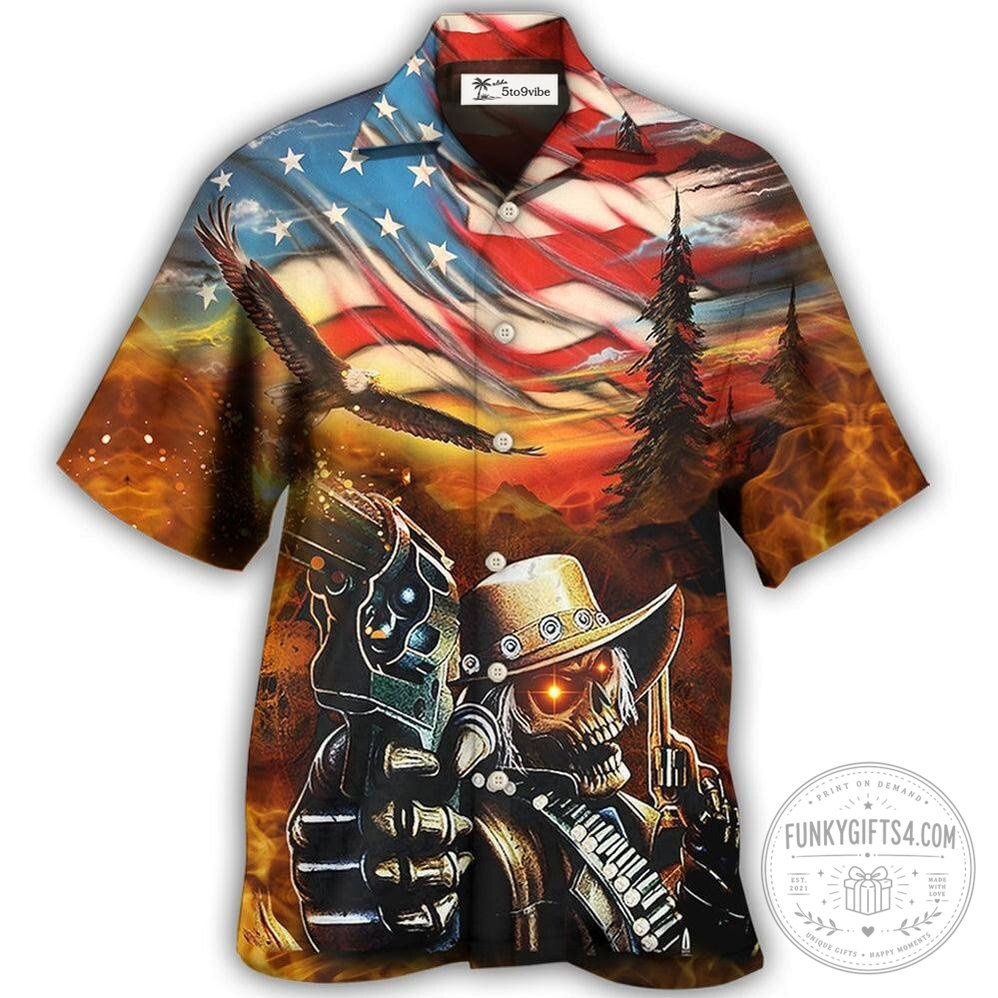 Skull Cowboy Shotgun American Flag Vintage Hawaiian Shirt