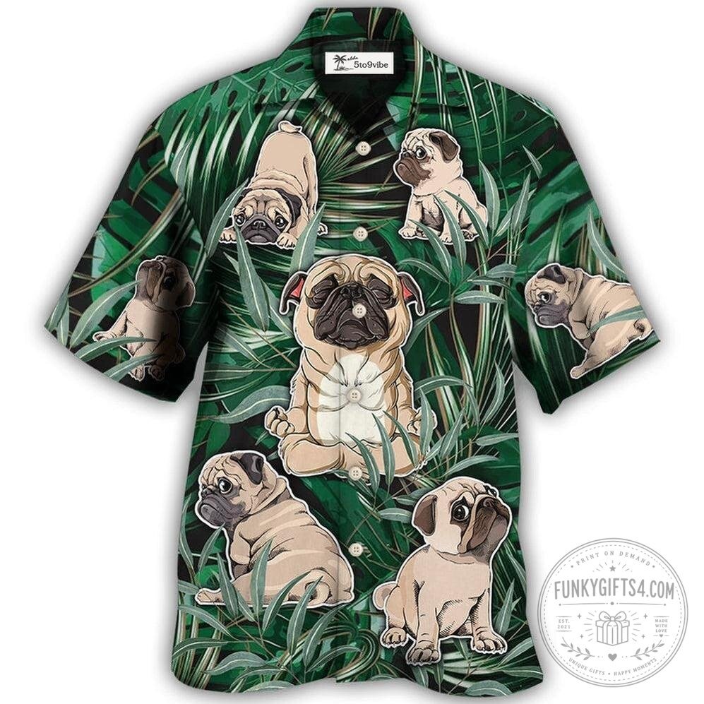 Pug Dog Yoga Pose Tropical Palm Leaves Funny Hawaiian Shirt