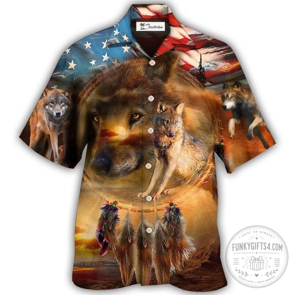 Wolf Independence Day Dreamcatcher American Flag Hawaiian Shirt