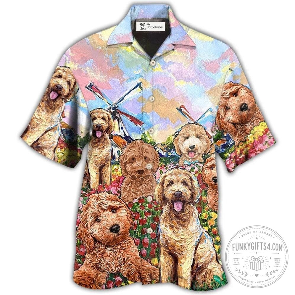 Goldendoodle Dogs With Flowers And Windmill Hawaiian Shirt