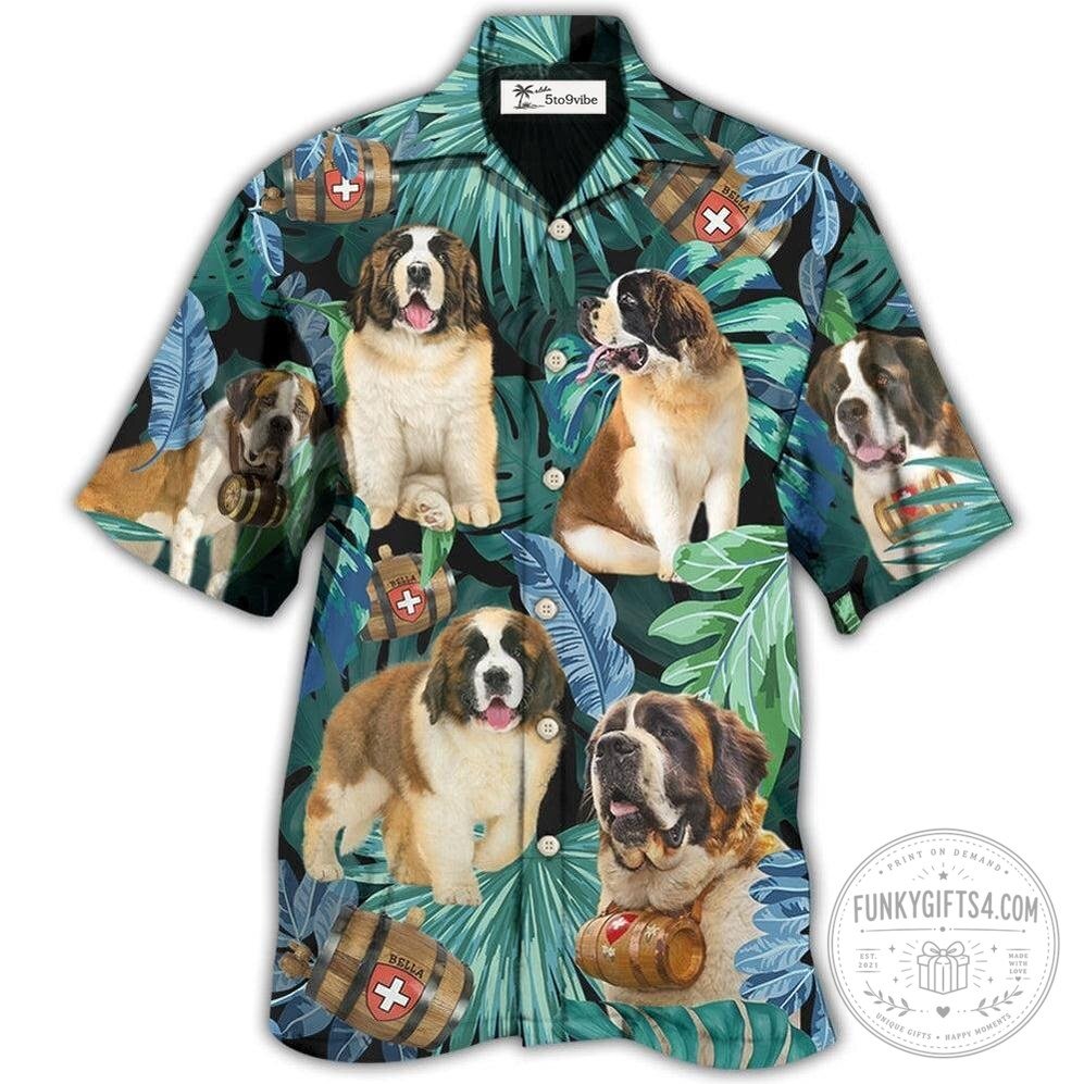 Saint Bernard Dog Tropical Leaf Pattern Hawaiian Shirt