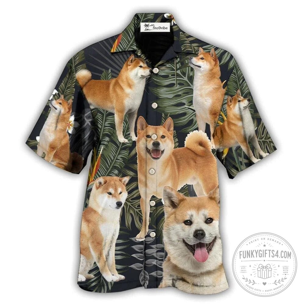 Akita Dog Tropical Leaf Pattern Black Hawaiian Shirt for Men and Women