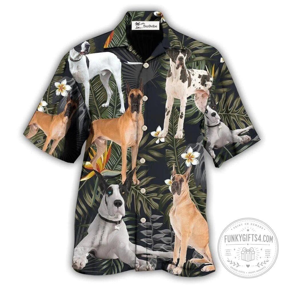 Great Dane Dog Tropical Leaf Black Style Hawaiian Shirt