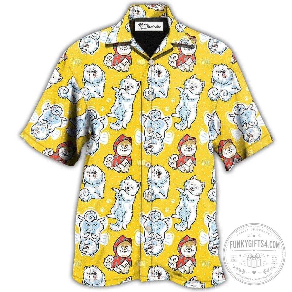 Cute Samoyed Dog Yellow Pattern Hawaiian Shirt