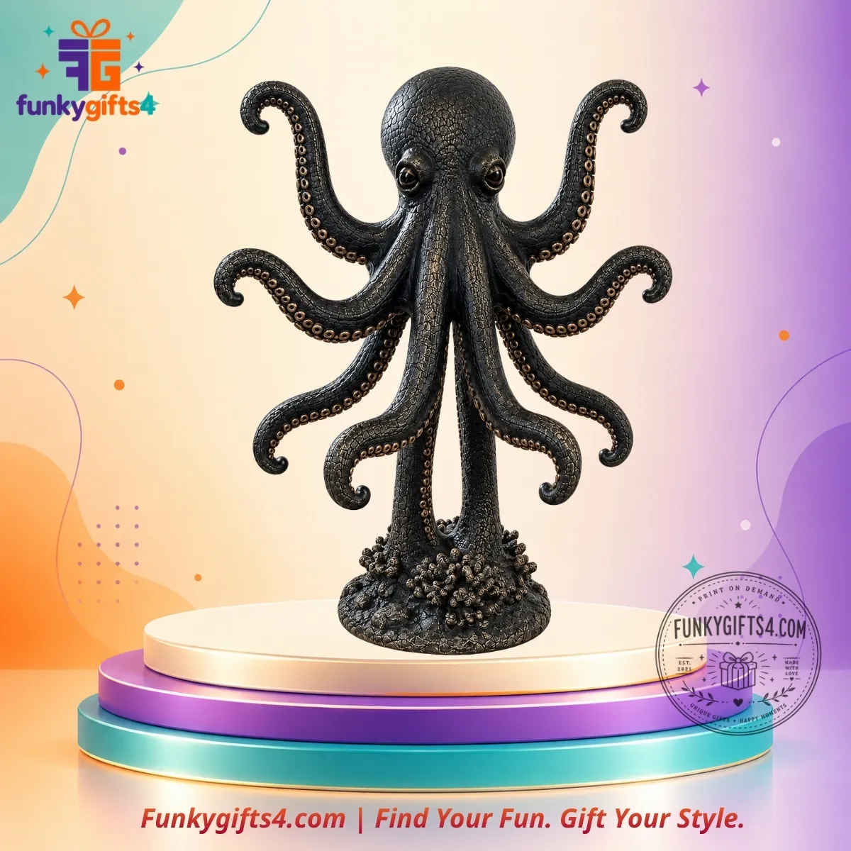 Octopus x Nautical Black Bronze Resin Mug Holder Tabletop Display Stand