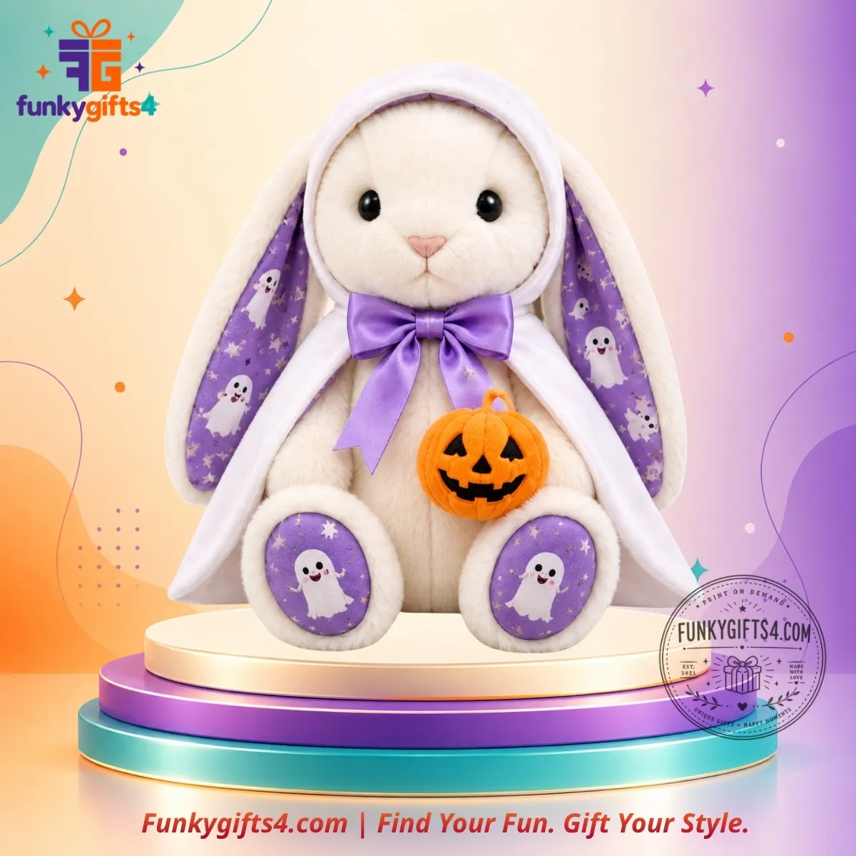 Peanuts x Snoopy Halloween Jellycat-Inspired White Bunny Plush Doll with Purple Ghost Cape & Pumpkin