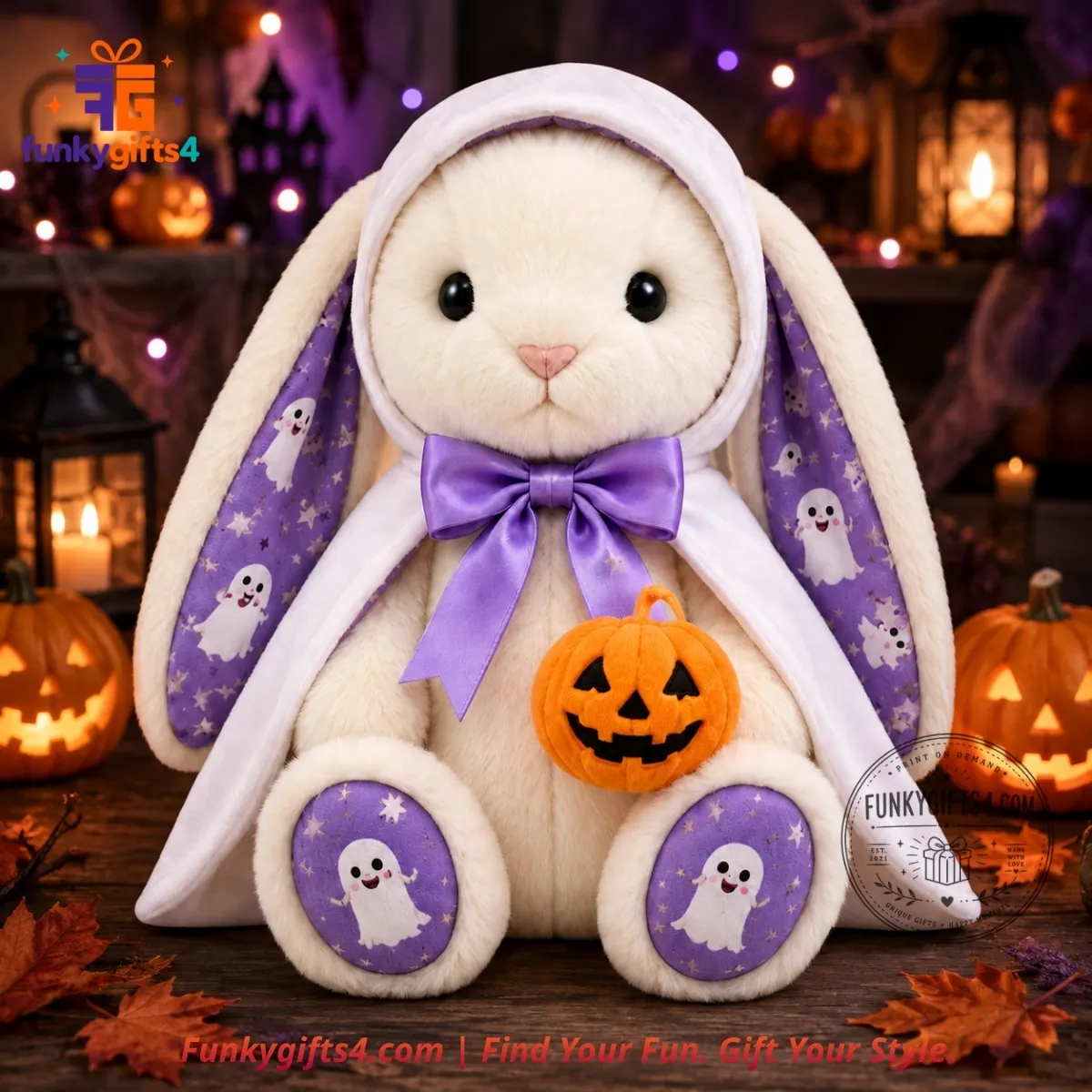 Peanuts x Snoopy Halloween Jellycat-Inspired White Bunny Plush Doll with Purple Ghost Cape & Pumpkin-2_result Peanuts x Snoopy Halloween Jellycat-Inspired White Bunny Plush Doll with Purple Ghost Cape & Pumpkin – image 2 of 3