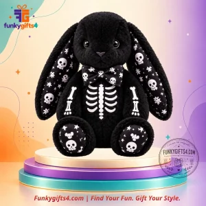 Jellycat x Halloween Gothic Skeleton Black Bunny Plush Doll with Skull Bow Tie & Embroidered Ribcage