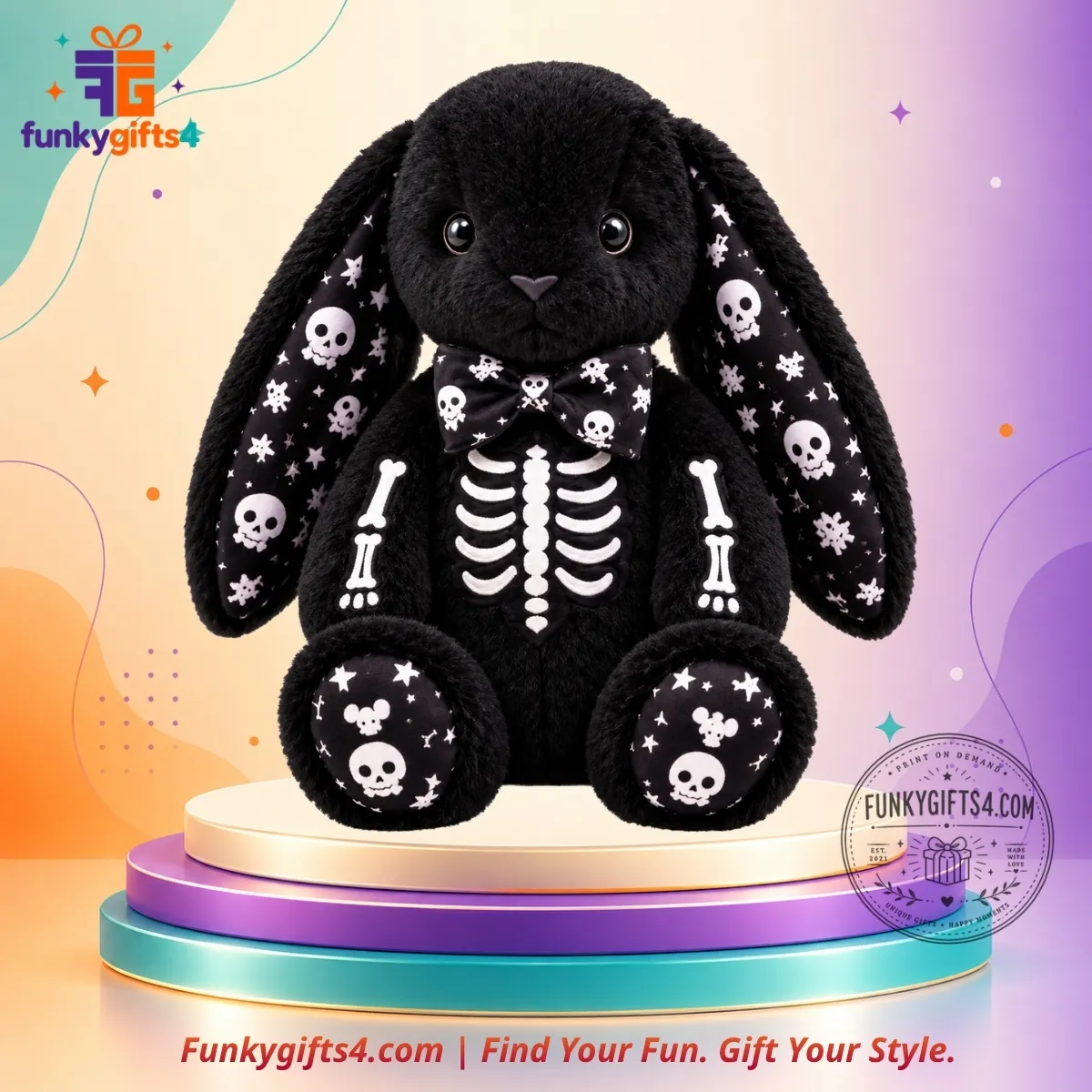 Jellycat x Halloween Gothic Skeleton Black Bunny Plush Doll with Skull Bow Tie & Embroidered Ribcage