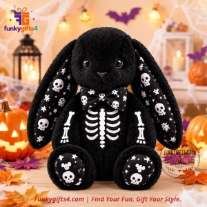 Jellycat x Halloween Gothic Skeleton Black Bunny Plush Doll with Skull Bow Tie & Embroidered Ribcage