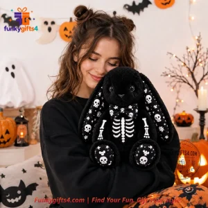 Jellycat x Halloween Gothic Skeleton Black Bunny Plush Doll with Skull Bow Tie & Embroidered Ribcage