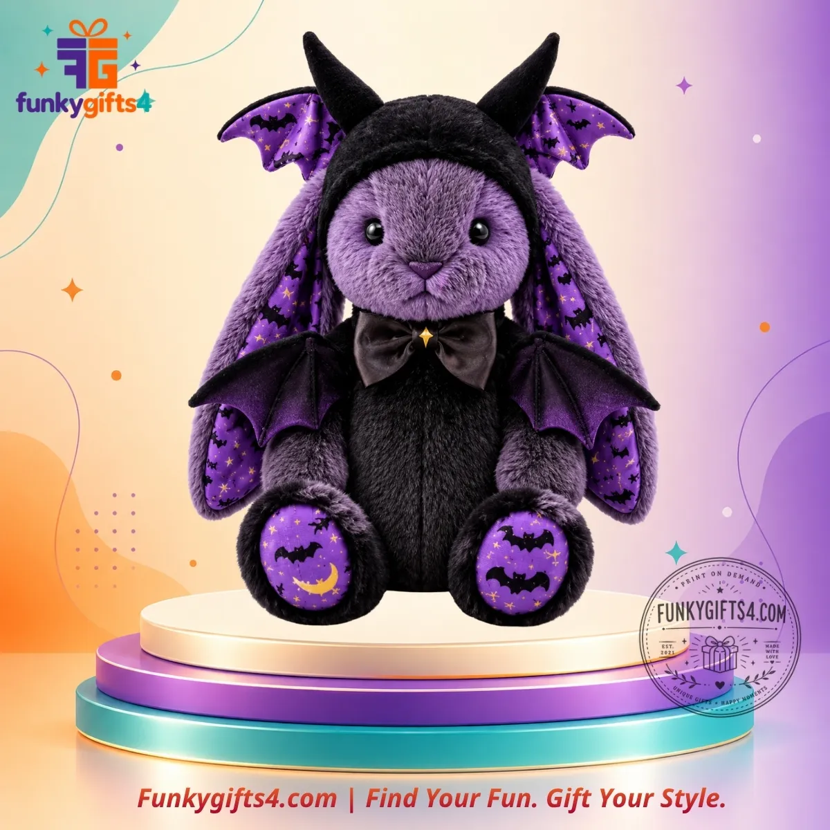 Jellycat x Halloween Goth Shy Purple Black Bunny Plush Doll with Bat Wings Horns & Bow Tie