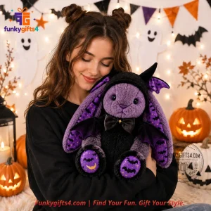 Jellycat x Halloween Goth Shy Purple Black Bunny Plush Doll with Bat Wings Horns & Bow Tie