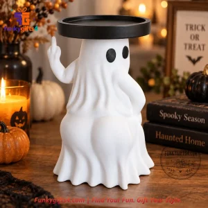 Halloween x Middle Finger Ghost White Resin 3-Wick Candle Holder Funny Spooky Decor
