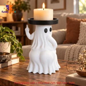 Halloween x Middle Finger Ghost White Resin 3-Wick Candle Holder Funny Spooky Decor