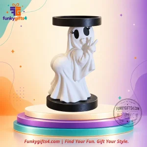 Halloween x Thicc Ghost 3D Printed White Candle Holder with Peace Sign & Black Pillar Candle Tray