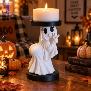 Halloween x Thicc Ghost 3D Printed White Candle Holder with Peace Sign & Black Pillar Candle Tray