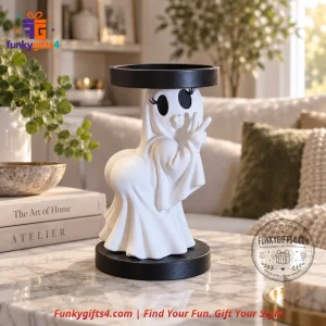 Halloween x Thicc Ghost 3D Printed White Candle Holder with Peace Sign & Black Pillar Candle Tray