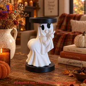 Halloween x Thicc Ghost 3D Printed White Candle Holder with Peace Sign & Black Pillar Candle Tray