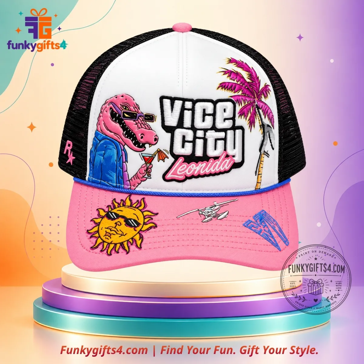 GTA6 Grand Theft Auto VI x New Era Vice City Leonida Pink Alligator Embroidered Trucker Snapback Cap 2026