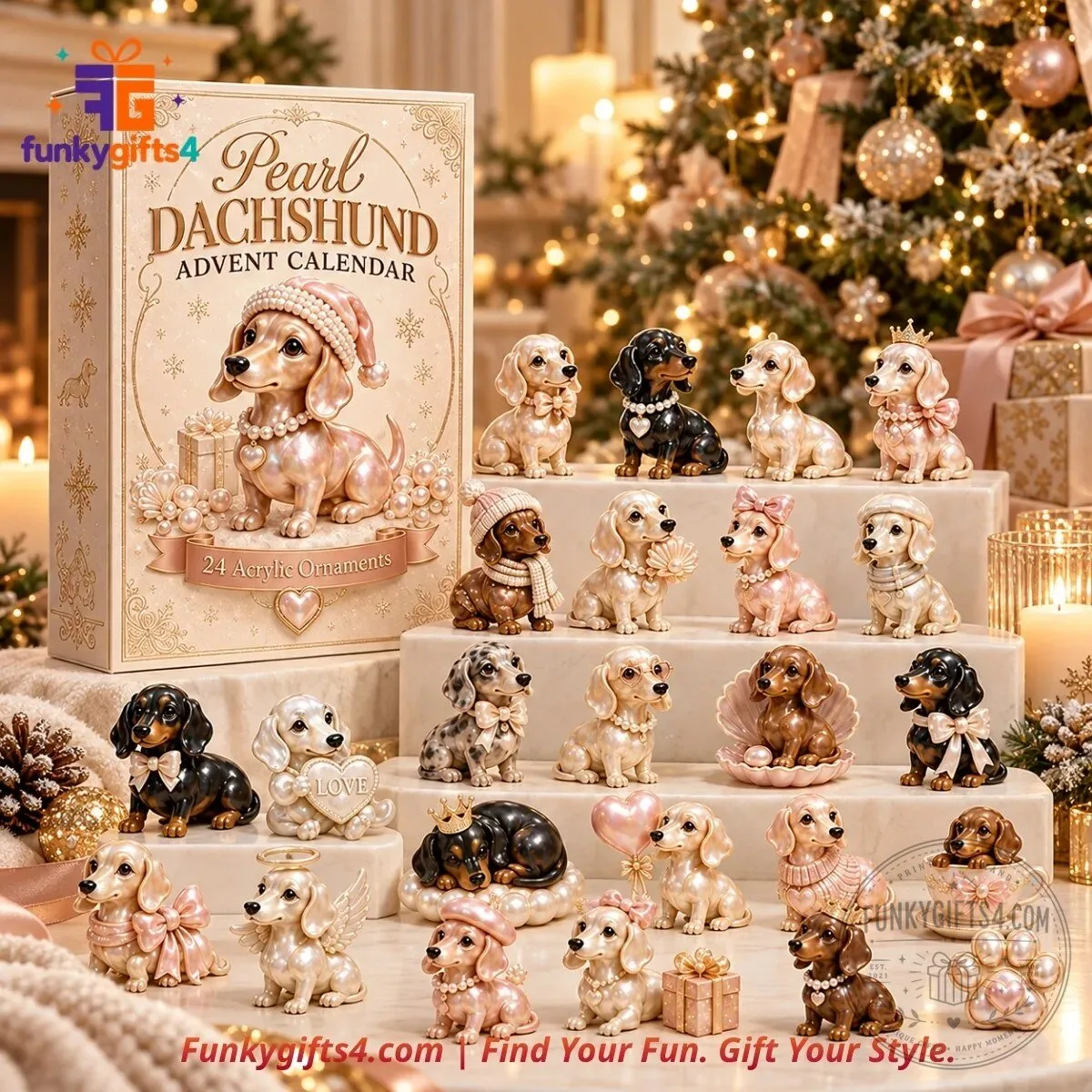 Dachshund x Christmas 24-Day Pearl Puppy Collectible Acrylic Ornament Advent Calendar 2026