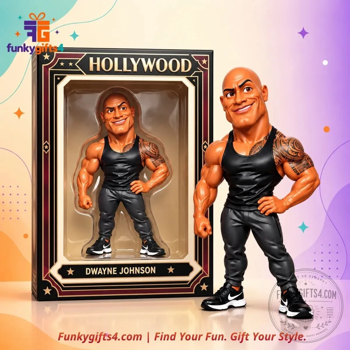 Dwayne Johnson x The Rock Black Tank Top Tribal Tattoo Caricature Bobblehead Style Collectible Figure Concept
