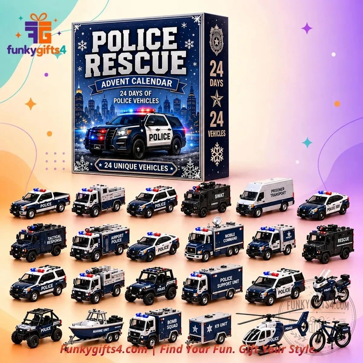 Police Rescue Christmas 24-Day Emergency Vehicle Toy Advent Calendar – 24 Mini Police Cars, SWAT, K9 & Rescue Vehicles 2026