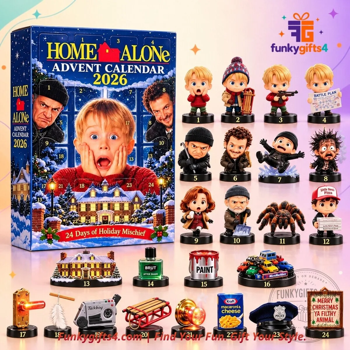 Home Alone Christmas 24-Day Holiday Mischief Mini Figure & Movie Prop Collection with Kevin McCallister, Wet Bandits, McCallister House & Booby Traps Advent Calendar 2026